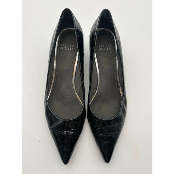 Stuart Weitzman Black patent leather kitten Croc Heels Capsule wardrobe Sz 9.5 - Picture 1 of 6